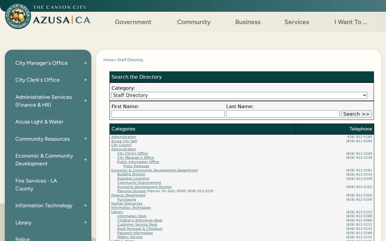 Azusa people directories city staff search