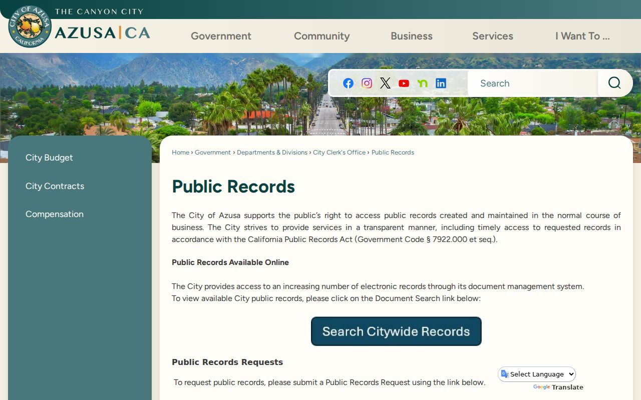 Azusa public records city request page and CPRA note