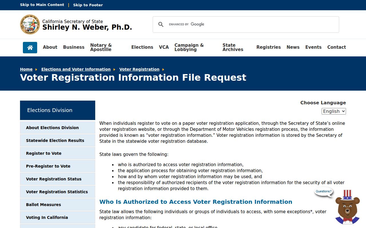 Azusa voter registration records request instructions from the California Secretary of State